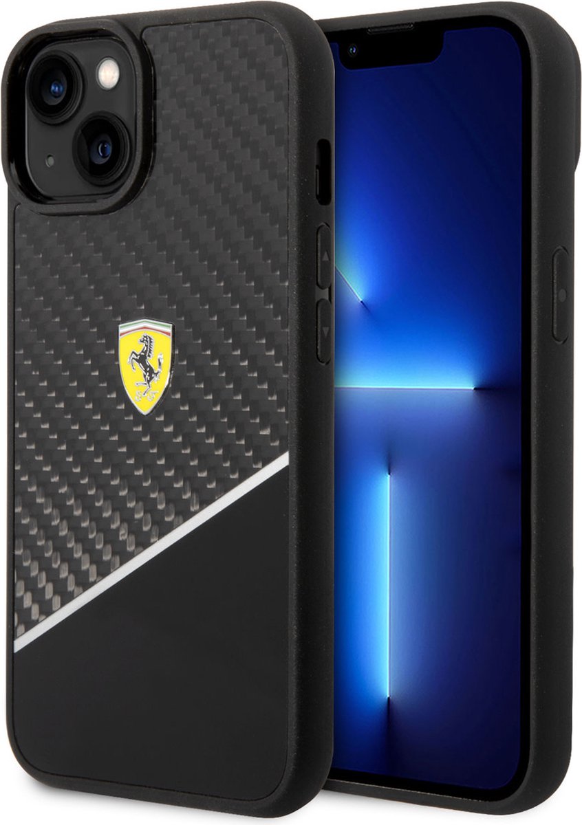 Ferrari iPhone 14 Plus Hardcase Backcover - Carbon - Stripe - Zwart