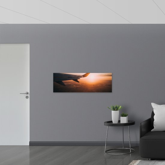 WallClassics - Plaque de Mousse PVC - Aile d'Avion avec Coucher de Soleil - 120x40 cm Photo sur Plaque de Mousse PVC