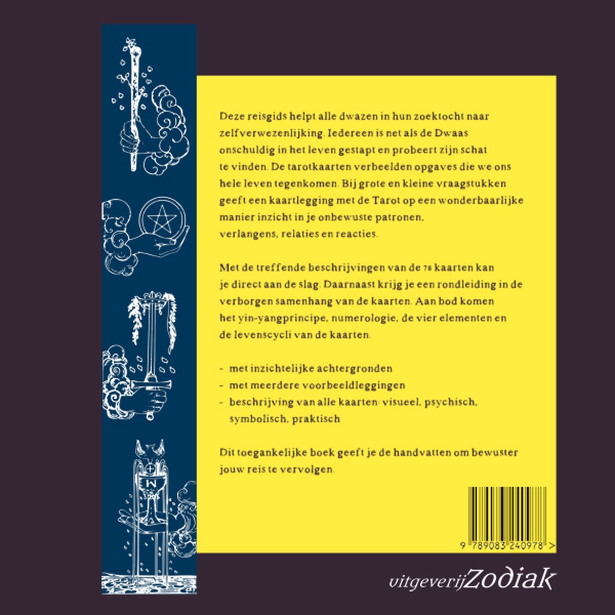 Achterkant van 'Tarot Reisgids voor dwazen' met tekst en illustraties van tarotkaarten.