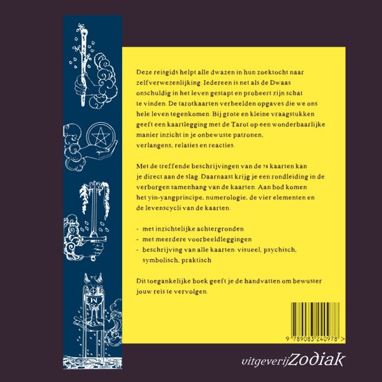 Achterkant van 'Tarot Reisgids voor dwazen' met tekst en illustraties van tarotkaarten.