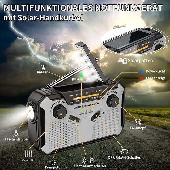 Radio Solar , radio à manivelle portable AM/ FM , radio d'urgence dynamo  avec batterie