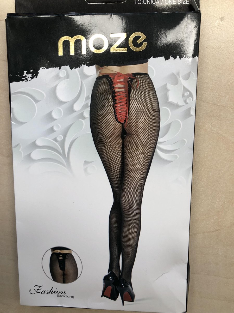 Goedkoopste Zwarte fishnet panty met rode veter-sluiting aan de achterzijde