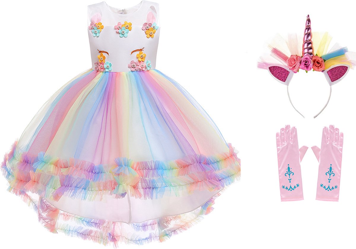 Unicorn jurk - Eenhoorn jurk - Prinsessenjurk meisje - maat 110/116 (120) Unicorn Haarband - Witte Jurk - Verkleedkleding Meisje