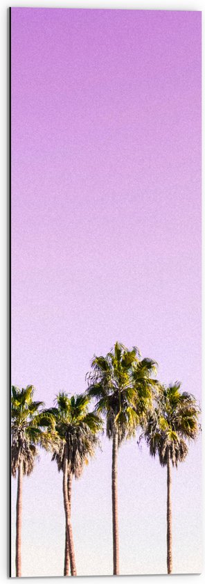 Dibond - Vier Hoge Smalle Palmbomen op Pastelroze Achtergrond - 30x90 cm Foto op Aluminium (Met Ophangsysteem)