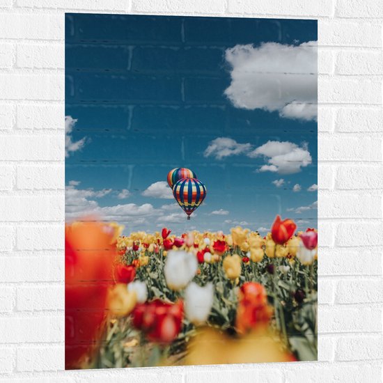 Muursticker - Twee Luchtballonnen boven Meerkleurig Tulpenveld - 60x90 cm Foto op Muursticker