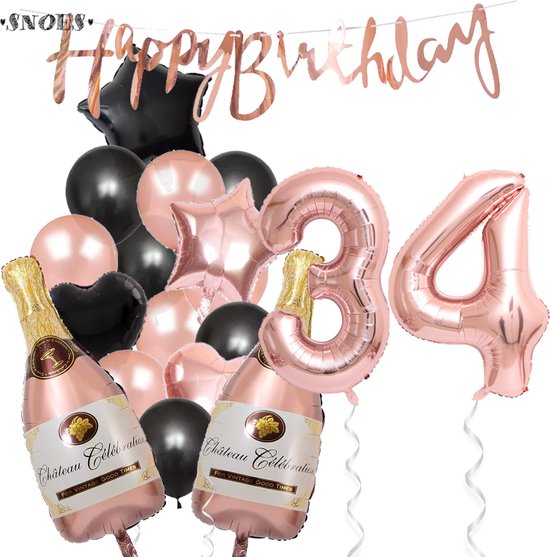 34 Jaar Verjaardag Cijferballon 34 - Feestpakket Snoes Ballonnen Pop The Bottles - Rose Zwart Versiering