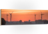 Hout - Zonsondergang bij Windmolens in het Veld - 150x50 cm - 9 mm dik - Foto op Hout (Met Ophangsysteem)