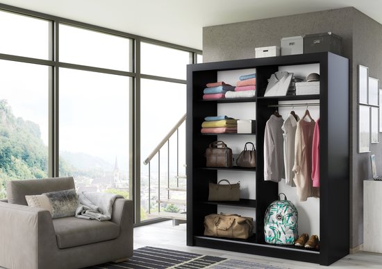 Pro-meubels - Kledingkast Miami - 160cm - Zwart mat - Met spiegel - Garderobekast - Slaapkamer - Schuifdeur