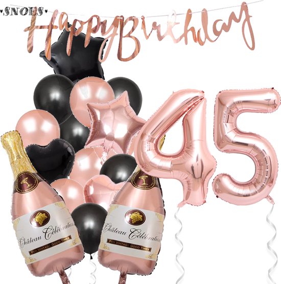 45 Jaar Verjaardag Cijferballon 45 - Feestpakket Snoes Ballonnen Pop The Bottles - Rose Zwart Versiering
