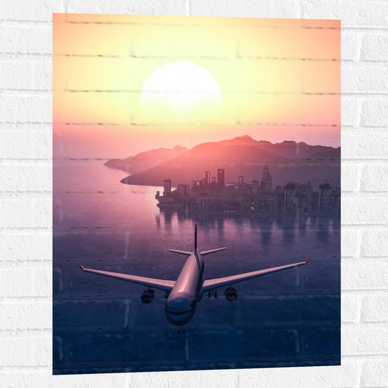 WallClassics - Muursticker - Vliegtuig met Zonsondergang boven de Zee - 60x80 cm Foto op Muursticker