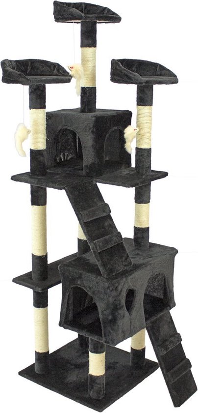 Arbre à chat noir à plusieurs niveaux, avec des plateformes, des tunnels, des échelles et des jouets.