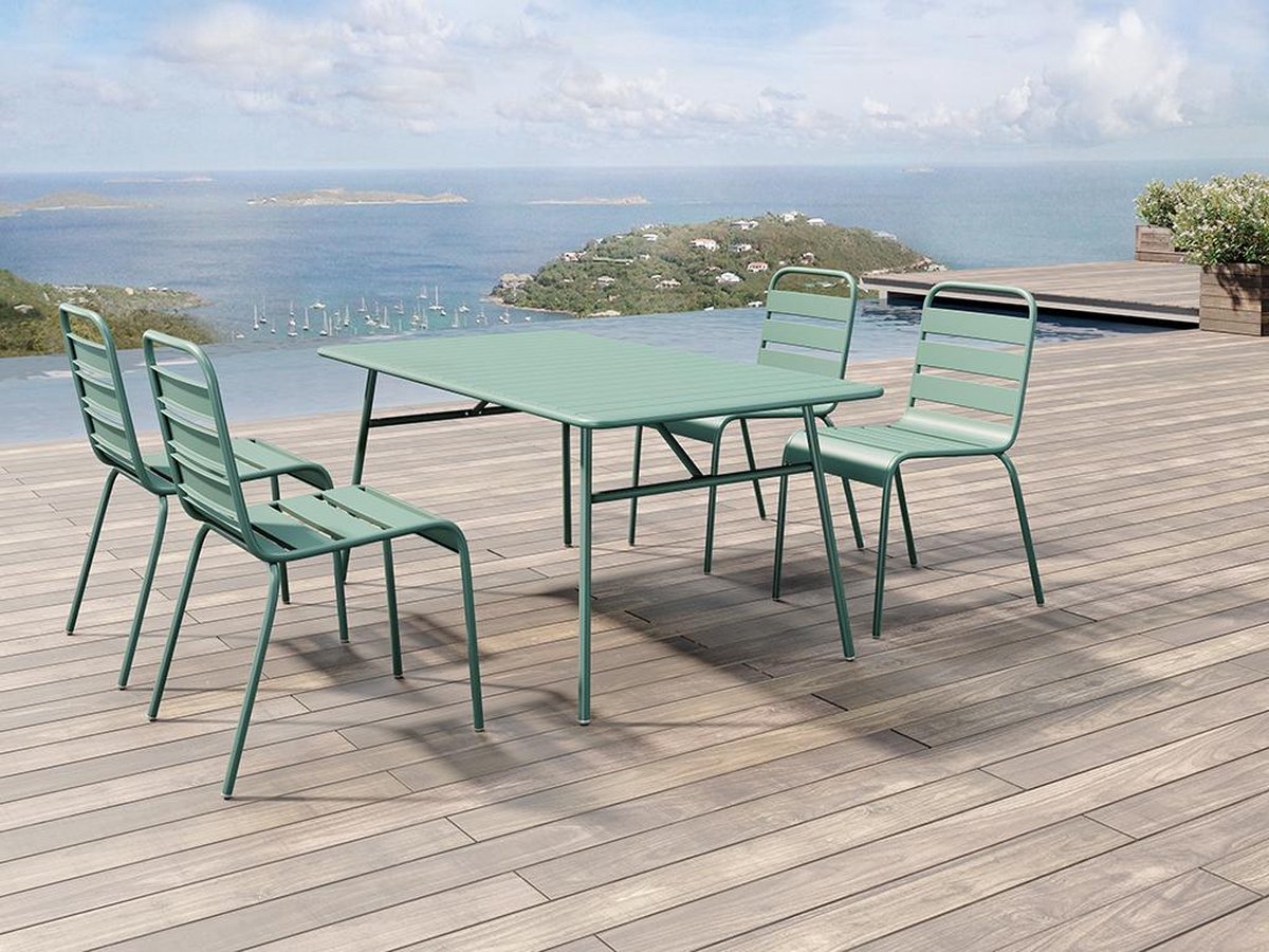 MYLIA Tuineetset MIRMANDE in metaal: tafel L160cm met 4 opstapelbare stoelen - Amandelgroen L 160 cm x H 79 cm x D 80 cm