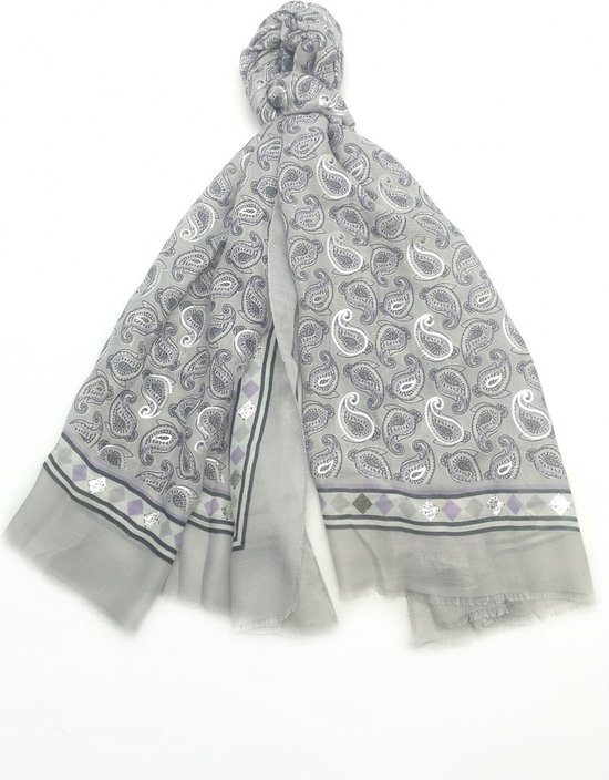 Lange dames sjaal Ginevra paisleymotief grijs zwart wit zilver paars