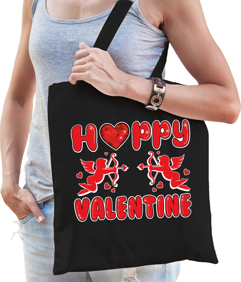 Bellatio Decorations Cadeau tasje valentijn - Happy Valentine - zwart katoen