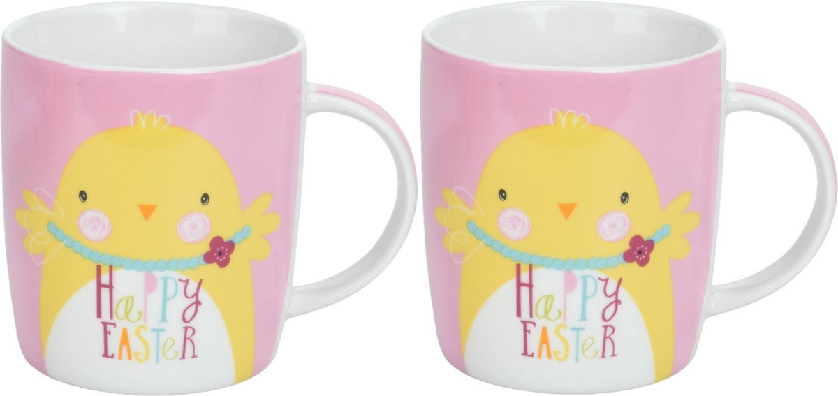 Pasen thema - mok met paaskuiken - 2x stuks - roze - porselein - 370 ml