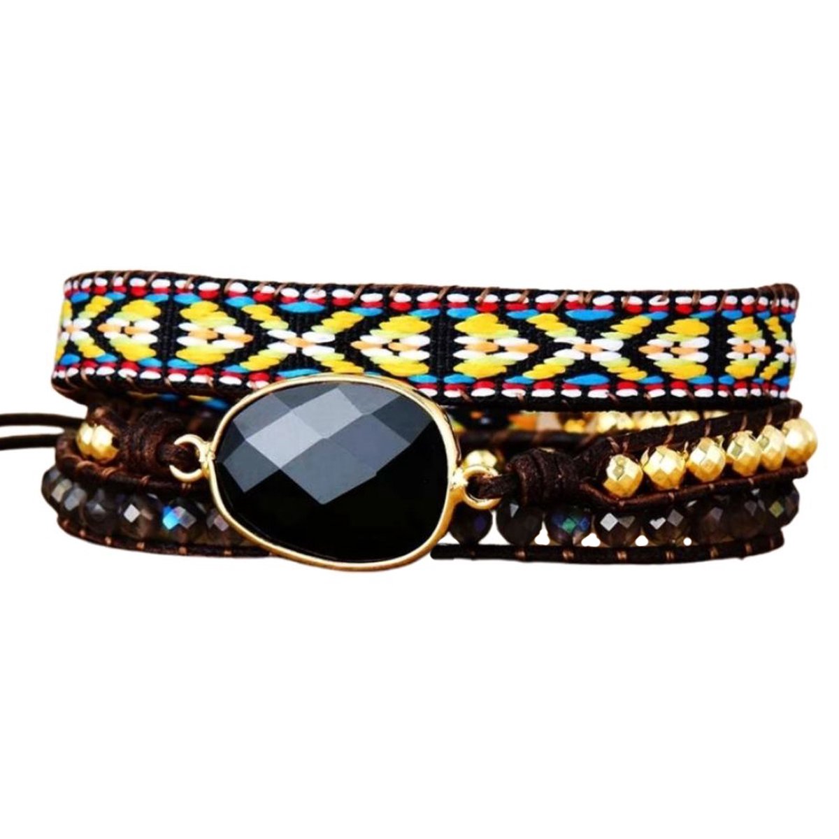 Marama - wikkelarmband Aztec - damesarmband - bruin leer - edelsteen onyx - verstelbaar