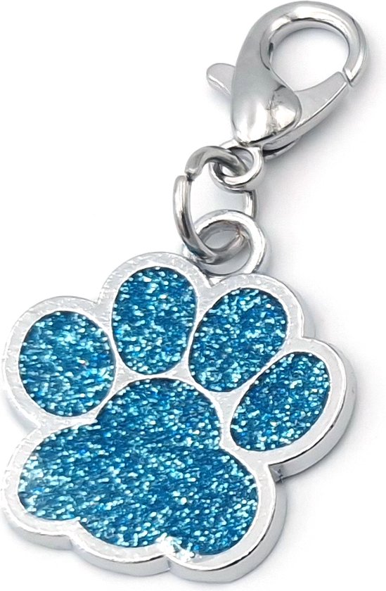 Sleutelhanger of halsband accessoire 25x25 mm met hondenpootje licht blauw glitter met karabijnslotje