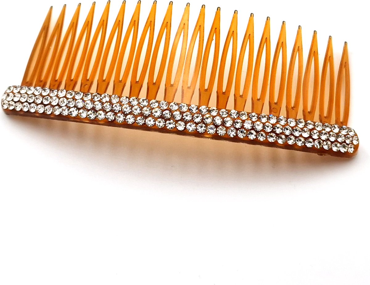 Grote kunststof gebogen haarkam bruin met 3 rijen naturel strass breedte 11 cm