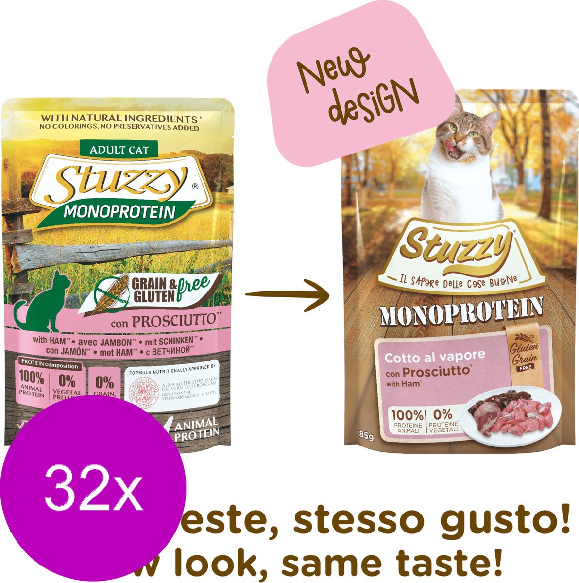 Stuzzy Cat No Grain Pouch 85 g - Kattenvoer - 32 x Ham Graan&Glutenvrij