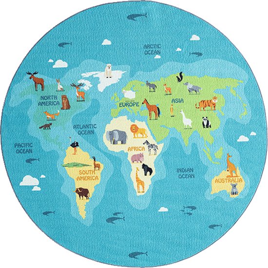 Vloerkleed kinderkamer - Blauw - 200x200 cm - Afwasbaar - Antislip - Tapijt voor jongens en meisjes met dieren en wereldkaart - Happy Life by the carpet