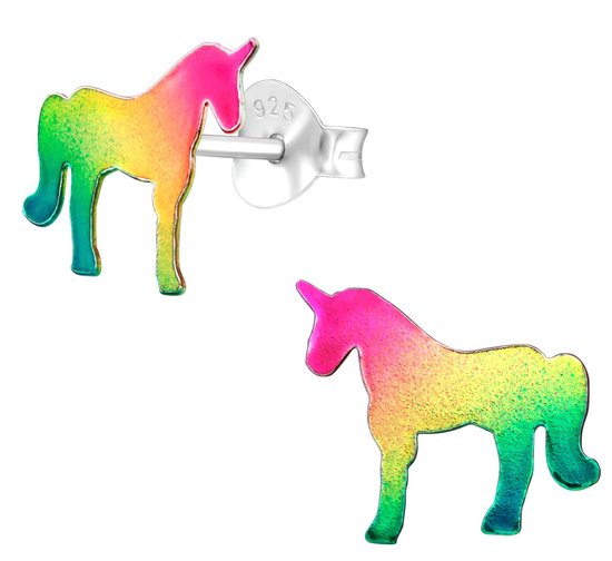 Joy|S - Zilveren regenboog paard oorbellen - 11 x 10 mm - oorknoppen eenhoorn