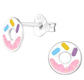Joy|S - Zilveren donut oorbellen - 7 mm - zilver met glitter roze en kleurtjes - kinderoorbellen