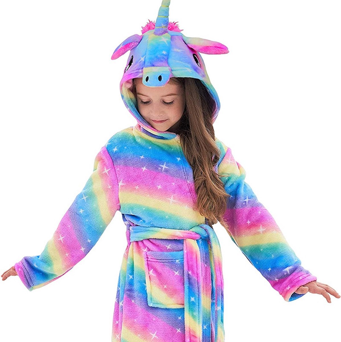 Unicorn Kinderbadjas - Badjas Regenboog kleuren - Eenhoorn - Meiden - Met oortjes - Kinder - Badjas met capuchon - Prinses - Onesie - Maat 110cm