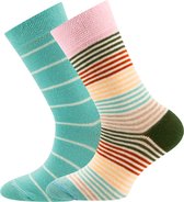 2-Pack Kindersokken Ewers - Set van 2 paar - Aqua/Turquoise Gestreept en Multicolour Streepjes-35/38