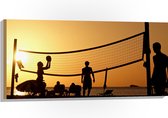 Hout - Silhouet van Gelukkig Familie op het Strand tijdens Volleybal - 100x50 cm - 9 mm dik - Foto op Hout (Met Ophangsysteem)