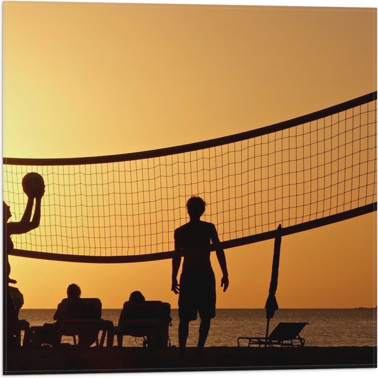 Vlag - Silhouet van Gelukkig Familie op het Strand tijdens Volleybal - 50x50 cm Foto op Polyester Vlag