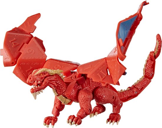 Rode draak actiefiguur met blauwe vleugels, die openklapt tot dobbelsteen.