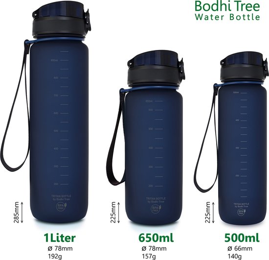 Trois gourdes Bodhi Tree bleu foncé de 1 litre, 650ml et 500ml, côte à côte avec indications de mesure et dimensions.