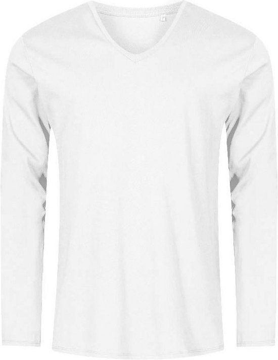 Wit t-shirt lange mouwen en V-hals, slim fit merk Promodoro maat L