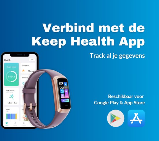 Roze activity tracker naast een smartphone met de Keep Health App. Verbinden en gegevens volgen.