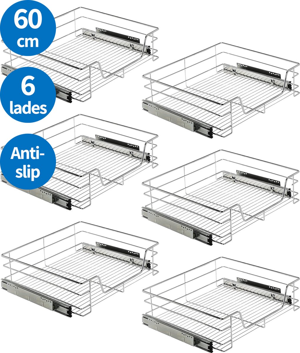 TomorrowNow® - 6-Delige Set Inbouw Schuiflades Voor Keukenkast - 60 cm - ComfortSlide Geleiderails - Ladeverdelers - Anti-slip