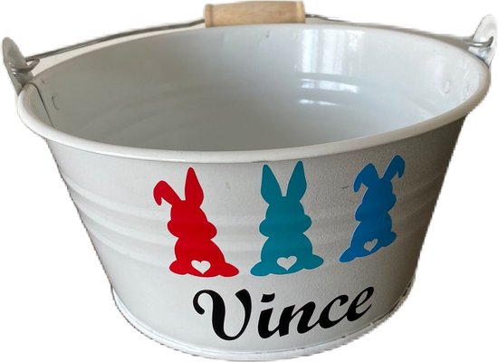 Paasmandje met naam - Gepersonaliseerd - Pasen - Wit - jongen / meisje - Paashaas - 20 cm doorsnede - 11 cm hoog