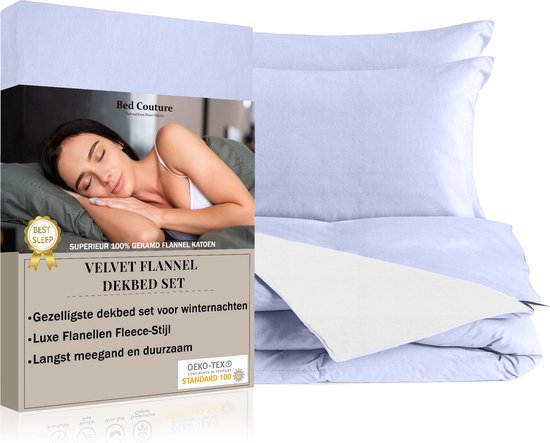 Bed Couture - Velvet Flanel Dekbedovertrek set - 100% Katoen Extra zacht en Warm - 200x200 + 2 kussenslopen 65x65 - Wit/Winter Blauw