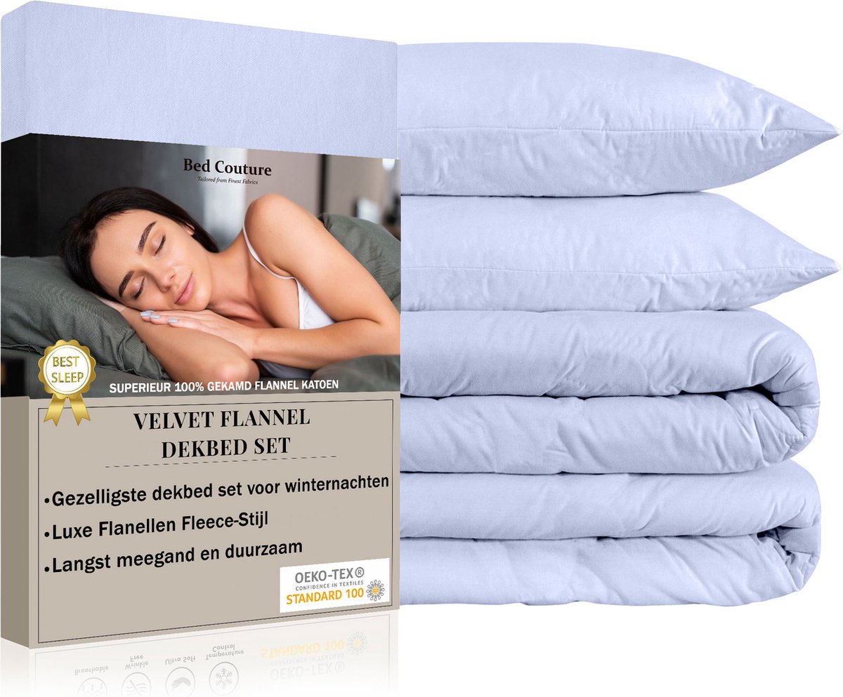 Bed Couture - Velvet Flanel Dekbedovertrek set - 100% Katoen Extra zacht en Warm - 240x220 + 2 kussenslopen 50x70 - Winter Blauw