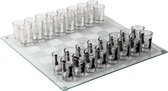 MikaMax Shotglass Chess Set - Schaak Drankspel - Glazen Speelbord met Shotglazen - Incl. 32 Shotglaasjes met Schaakafdrukken - 35 x 35 cm