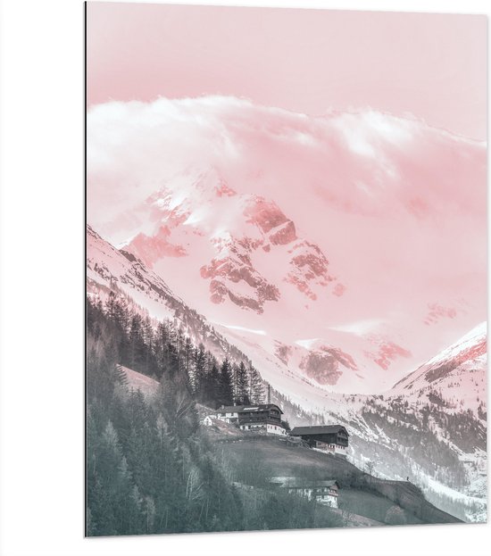 Dibond - Pastelroze Gloed over Hoge Besneeuwde Bergen - 75x100 cm Foto op Aluminium (Wanddecoratie van metaal)