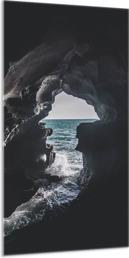 Acrylglas - Uitkijk op Zee vanuit Smalle Grot - 100x200 cm Foto op Acrylglas (Wanddecoratie op Acrylaat)