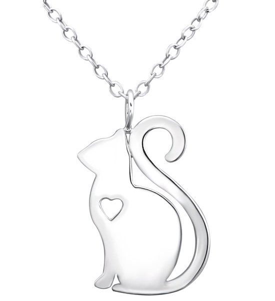 Joy|S - Zilveren kat poes hanger - met hartje - inclusief ketting 45 cm - egaal zilver