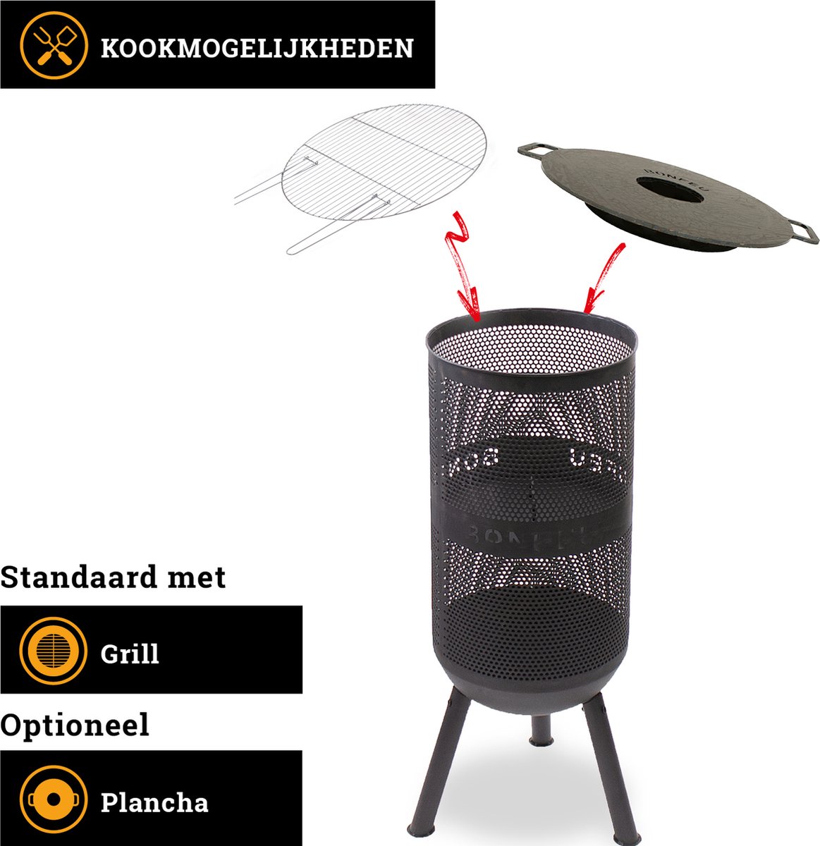BonFeu BonVes Fire Basket 34 cm - With Grill Grate and Poker - Black