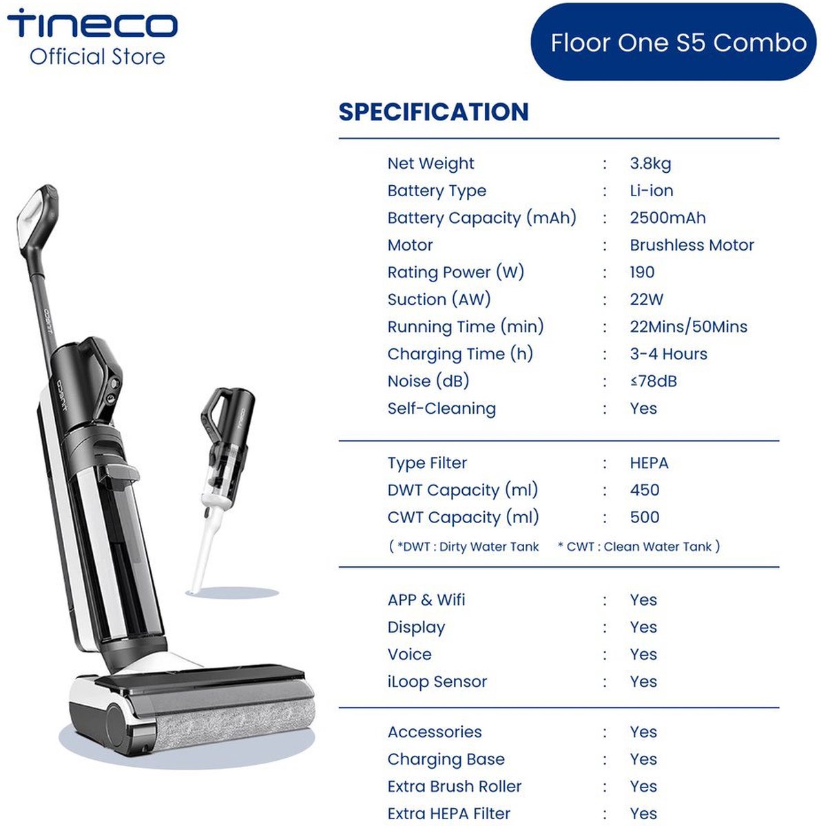 TINECO Floor One S5 PRO nettoyeur de sol laveur & aspirateur sans fil Ecran  LED Auto Nettoyage Wifi 