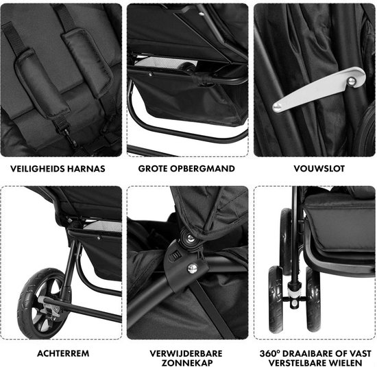 Collage van details van de zwarte dubbele buggy, waaronder veiligheidsharnas, opbergmand en wielen.