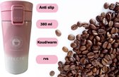 koffiebeker to go - coffee to go beker - roze/ wit - thermosbeker - 380ml - dubbelwandig - RVS