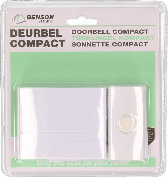 Witte draadloze deurbelset in verpakking. Deurbel met een beige knop. Tekst: DEURBEL COMPACT, SONNETTE COMPACT.