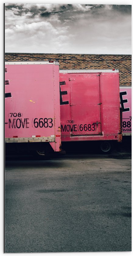 WallClassics - Dibond - Rij Roze Vrachtwagens - 50x100 cm Foto op Aluminium (Met Ophangsysteem)