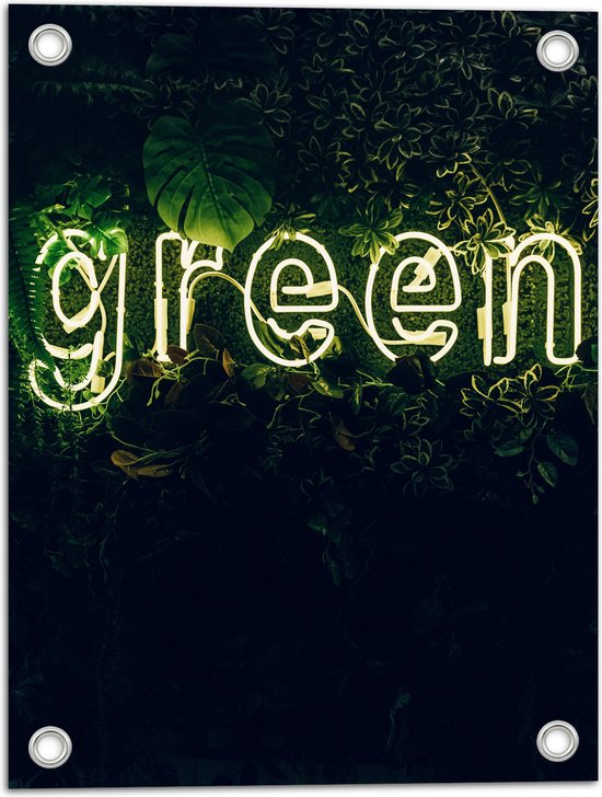 Tuinposter – ''GREEN'' Neon Letters tussen Struiken - 30x40 cm Foto op Tuinposter (wanddecoratie voor buiten en binnen)