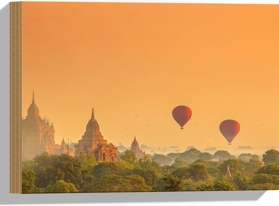 Hout - Luchtballonnen Zwevend boven Planten bij Twee Tempels - Bagan Myanmar - 40x30 cm - 9 mm dik - Foto op Hout (Met Ophangsysteem)